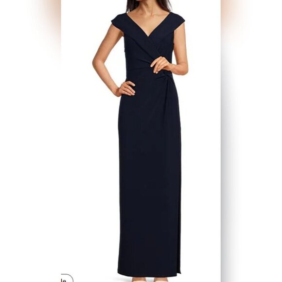 Lauren Ralph Lauren Navy Blue Portrait Collar Cap Sleeve Crepe Sheath Gown - Picture 4 of 9